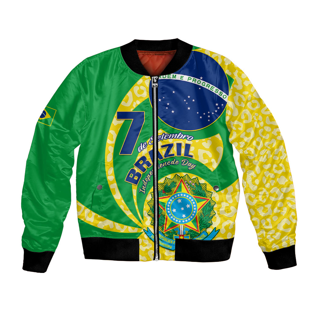 Green, yellow and blue Brazil-flag style bomber jacket with front zipper and ribbed hem