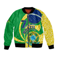 Green, yellow and blue Brazil-flag style bomber jacket with front zipper and ribbed hem
