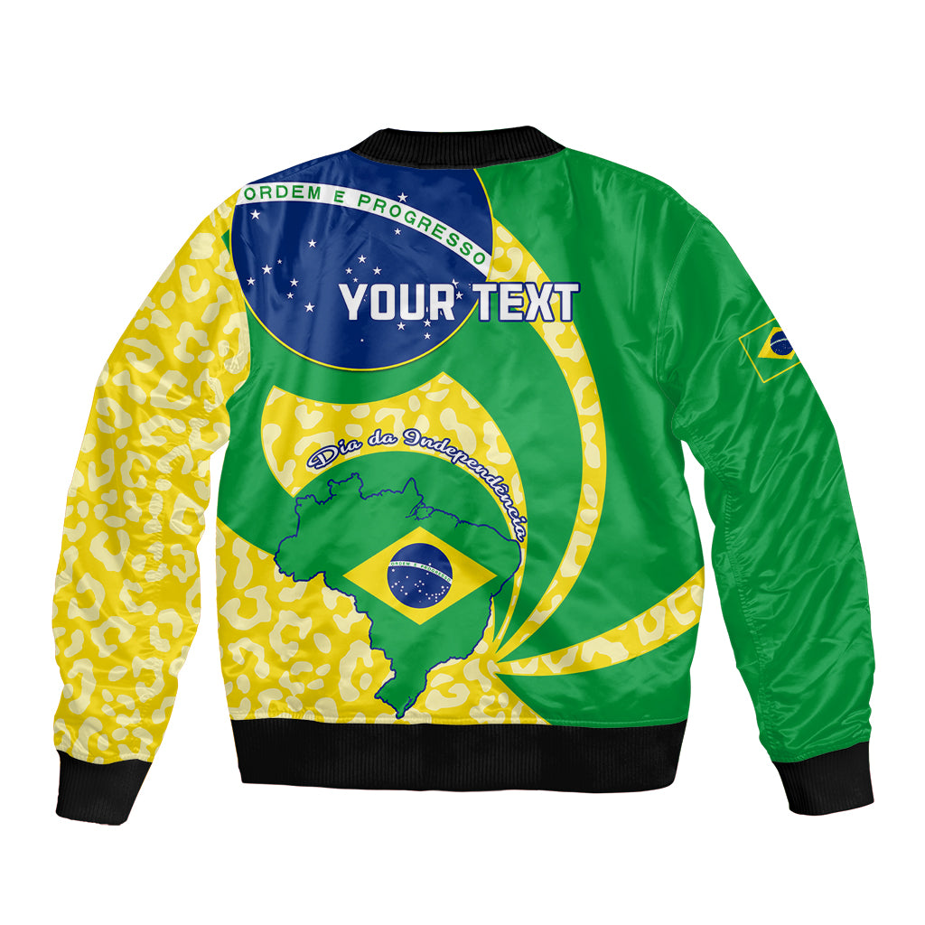 Green and yellow Brazil-flag style bomber jacket with back graphic, front zipper, ribbed cuffs