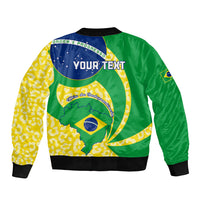 Green and yellow Brazil-flag style bomber jacket with back graphic, front zipper, ribbed cuffs