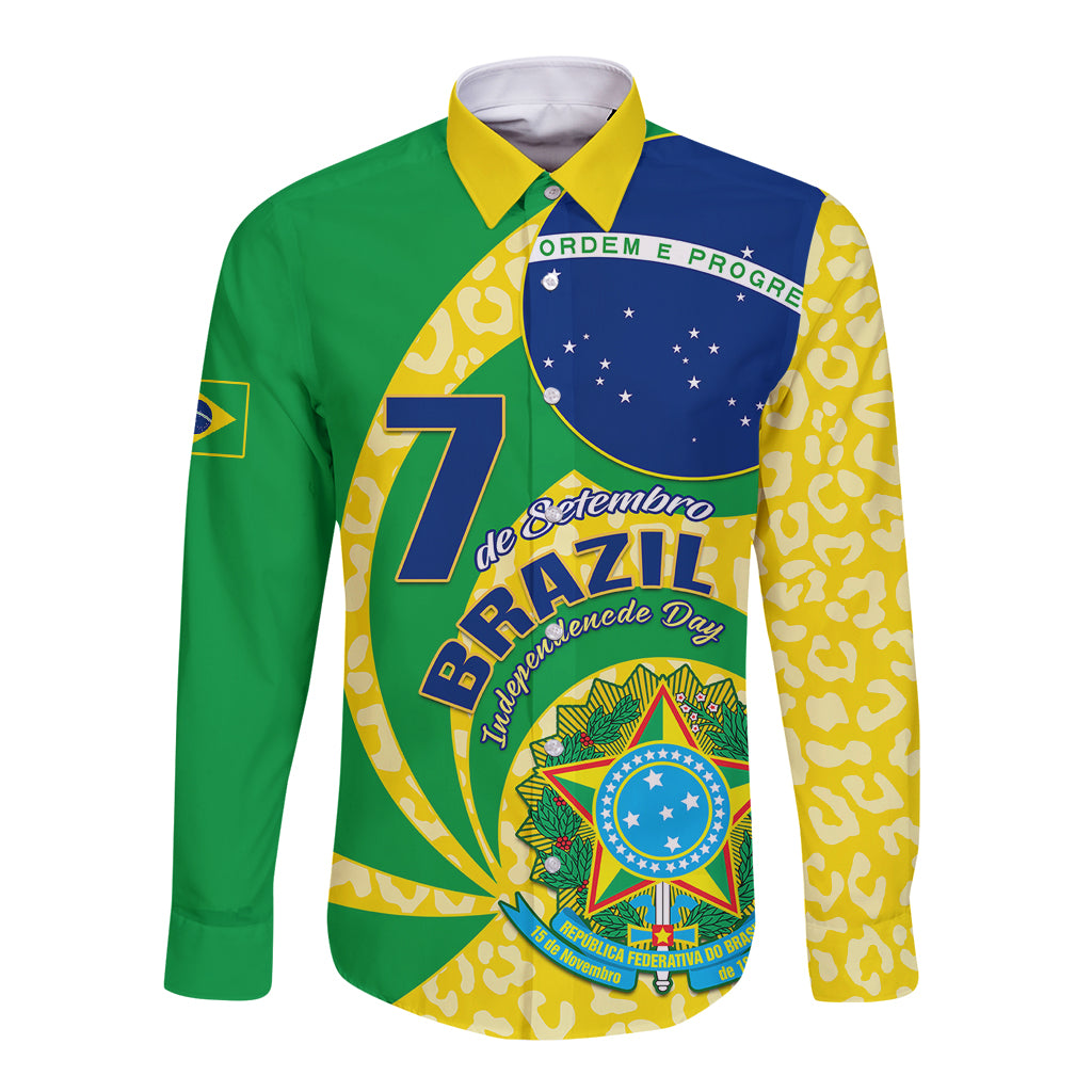 Green long sleeve button shirt with Brazil flag-style front graphic and yellow-green trim