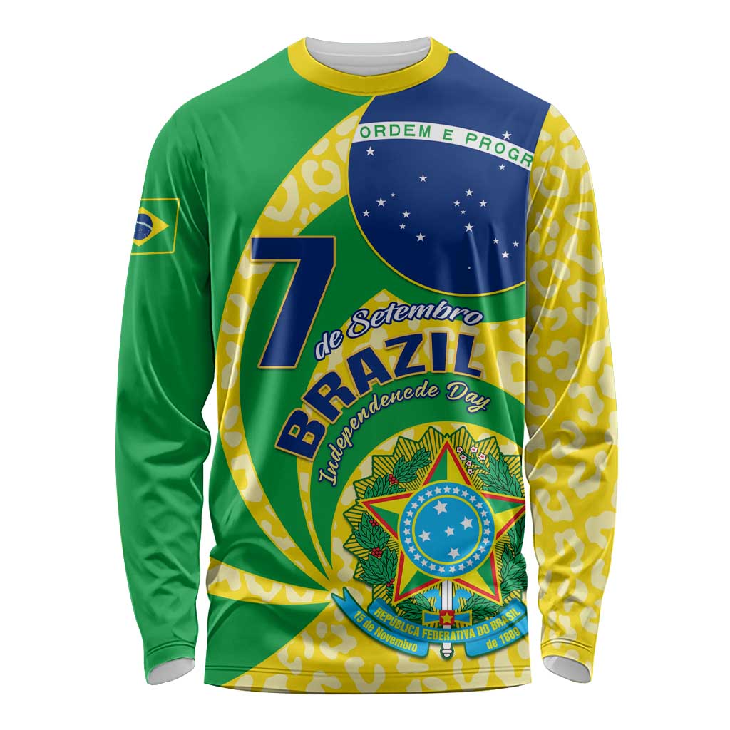 Unisex long sleeve Brazil independence flag-style shirt, green with colorful chest graphic