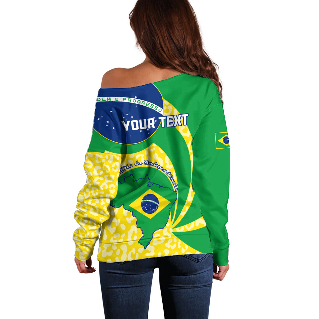 Green off-shoulder sweater with back text "YOUR TEXT" and Brazil flag design