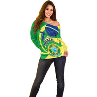 Green off-shoulder sweater with bold Brazil emblem and yellow pattern