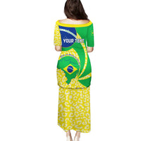 Back view green flag-style puletasi set with YOUR TEXT print and yellow skirt