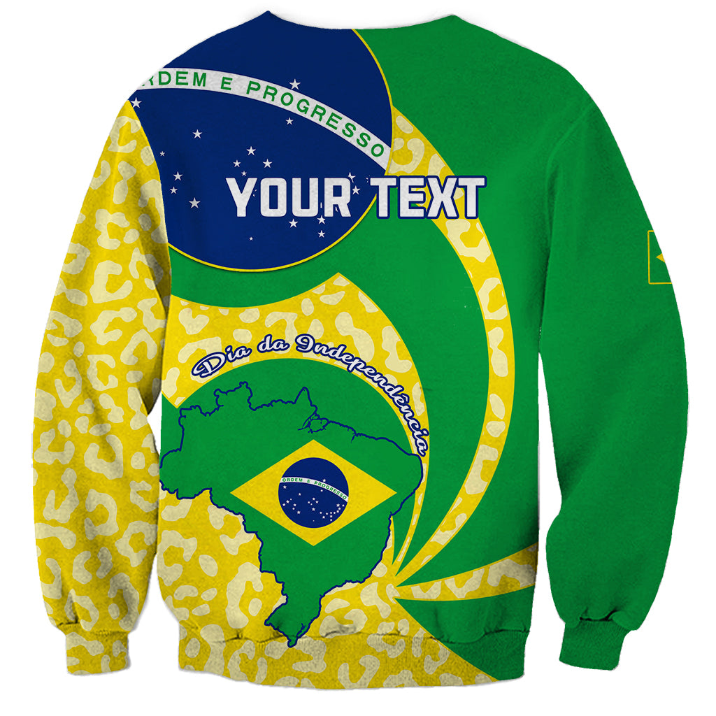 Green sweatshirt with Brazil map and flag graphic, “YOUR TEXT” on blue circle