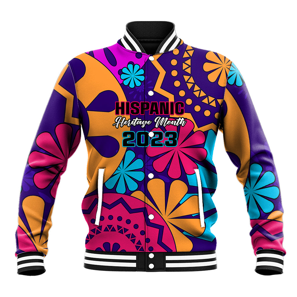 Purple baseball jacket with button front and colorful 'Hispanic Heritage Month 2023' graphic