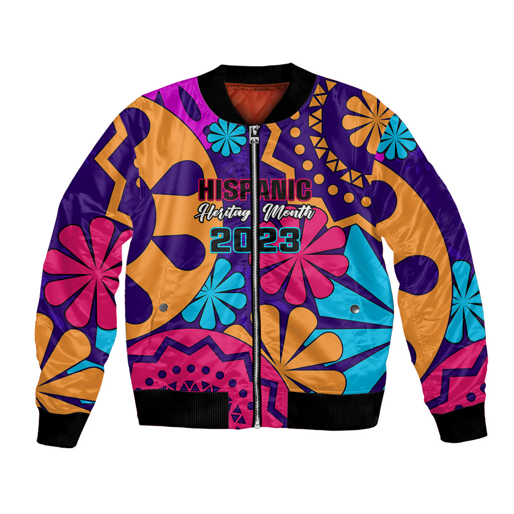 Unisex bomber jacket with multicolor floral geometric print, front zipper and ribbed cuffs