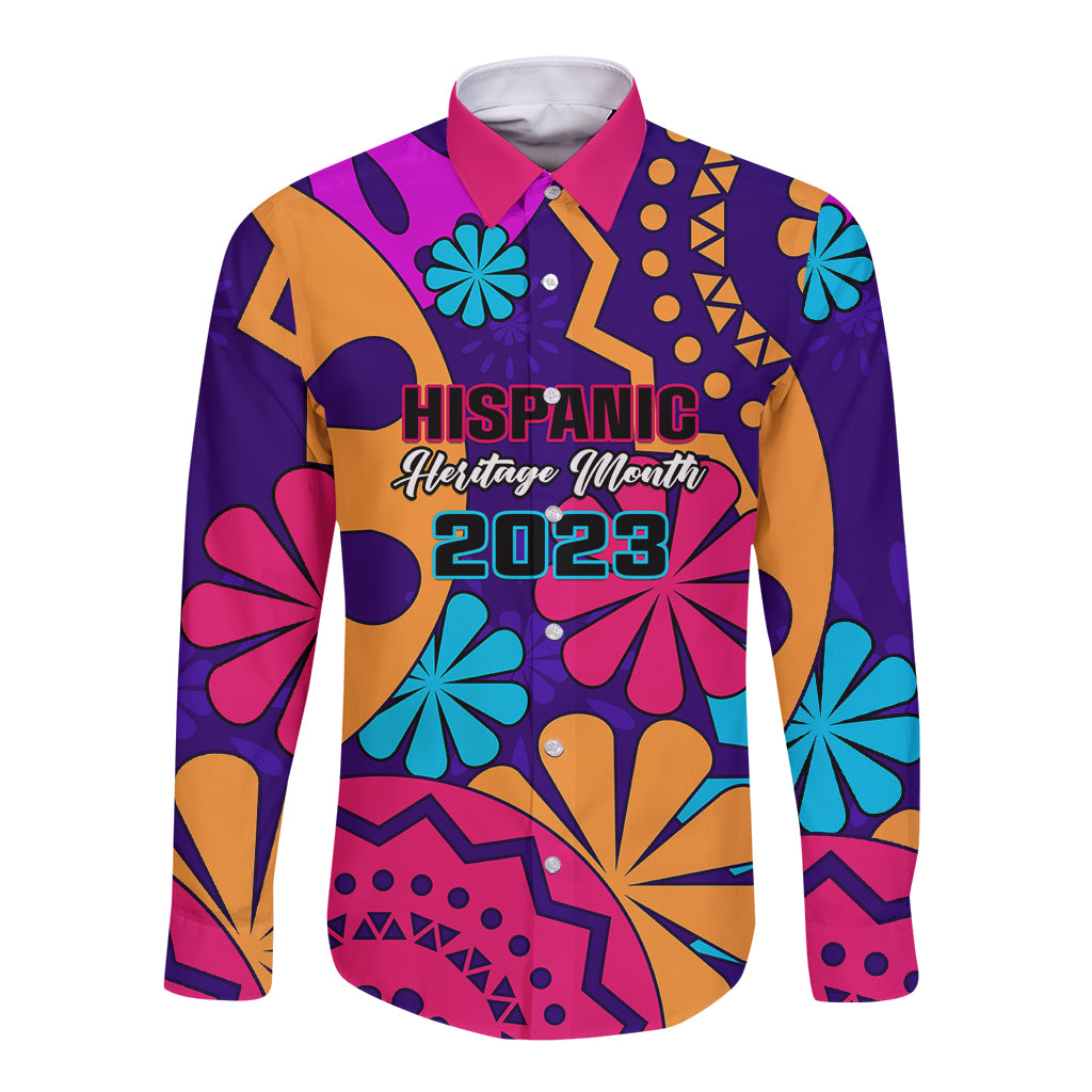 Unisex long sleeve button shirt in purple with colorful fiesta graphic and 2023 text