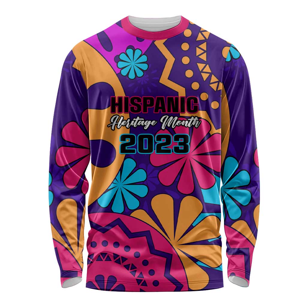 Purple long-sleeve shirt with colorful geometric floral print and Hispanic Heritage Month 2023 text