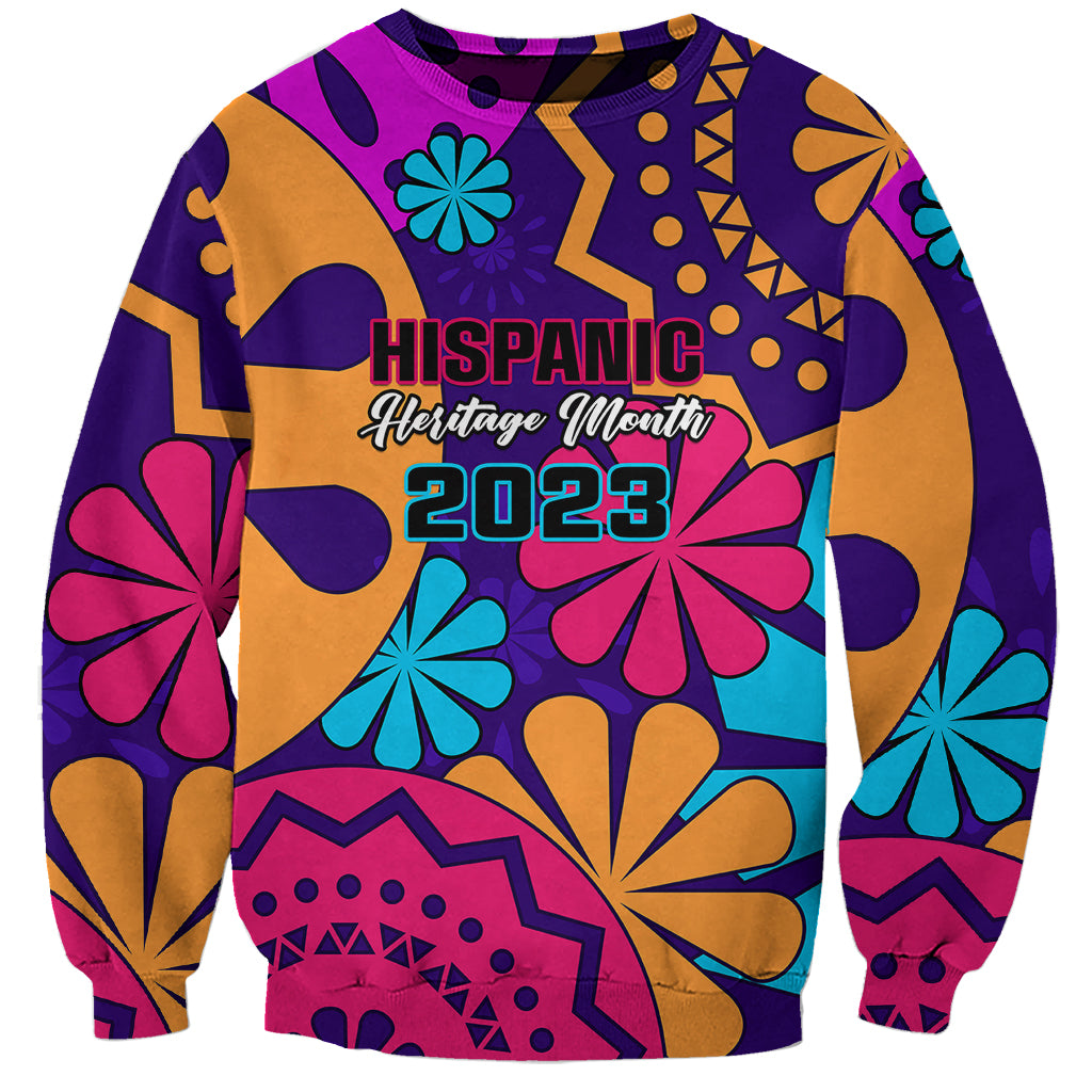 Unisex purple sweatshirt with colorful geometric floral print and “Hispanic Heritage Month 2023”