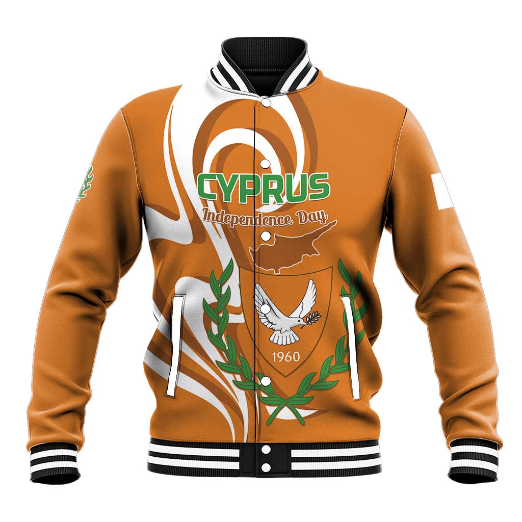 Orange baseball jacket with striped collar, front print CYPRUS Independence Day and dove/map