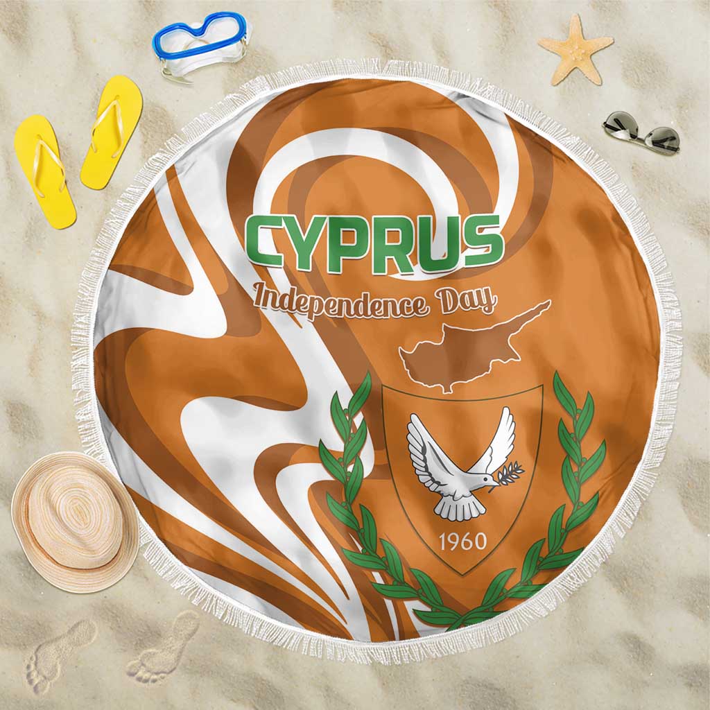 Round orange beach blanket featuring CYPRUS Independence Day 1960 emblem, map and fringe