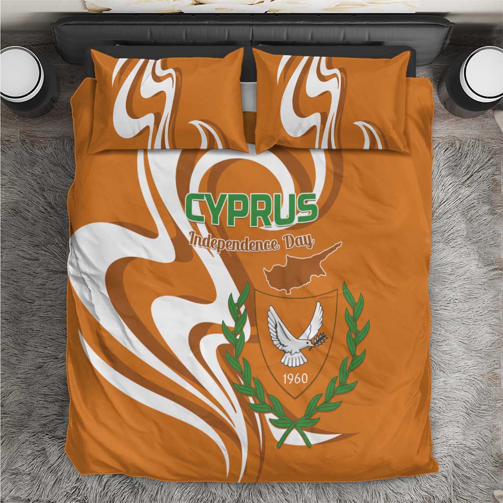 Orange bedding set on gray rug with Cyprus Independence Day center graphic and dove