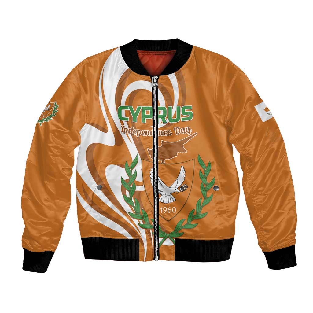 Orange bomber jacket with zip front and Cyprus Independence Day graphic with laurel