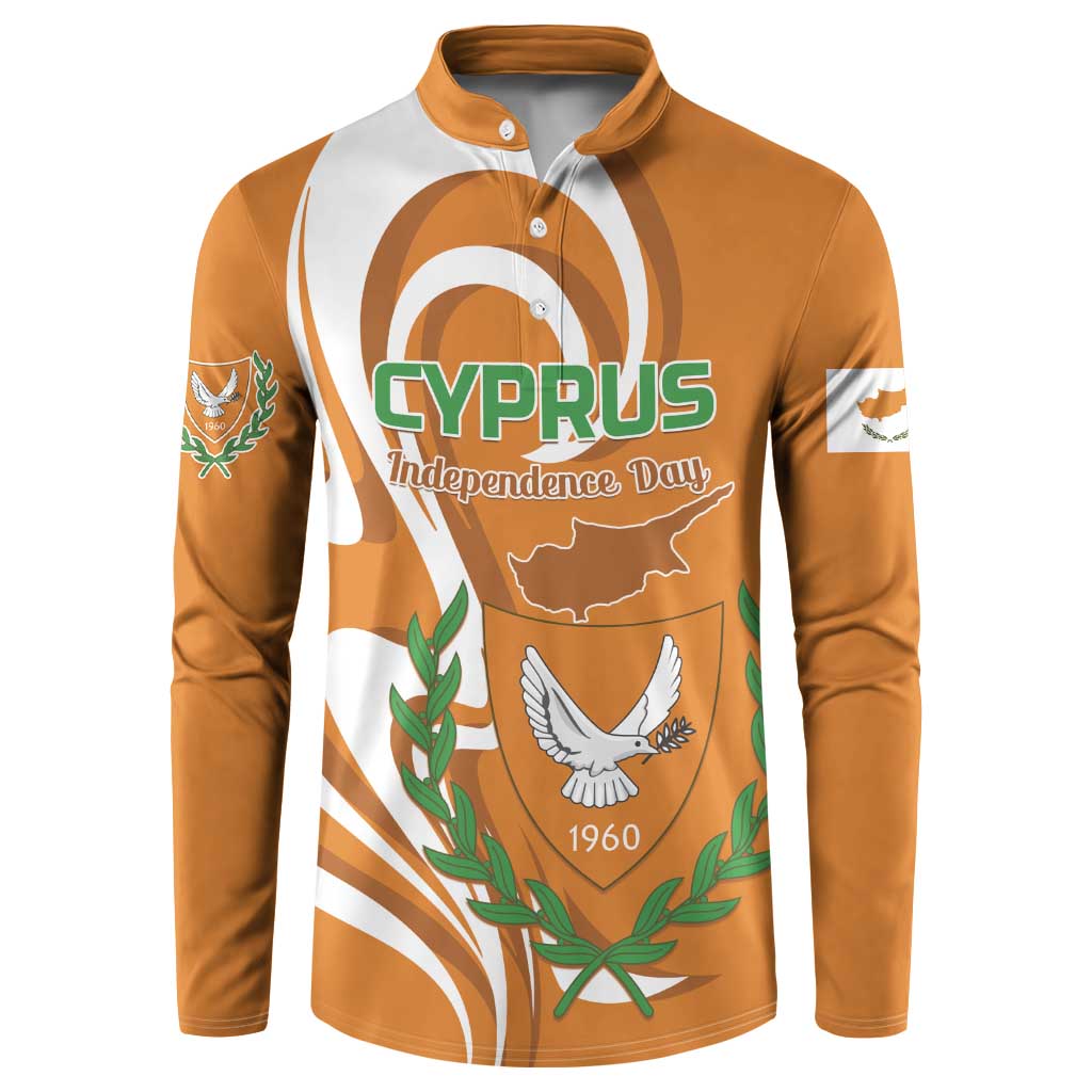Orange button-front sweatshirt with Cyprus graphic, laurel wreath and 1960 on chest