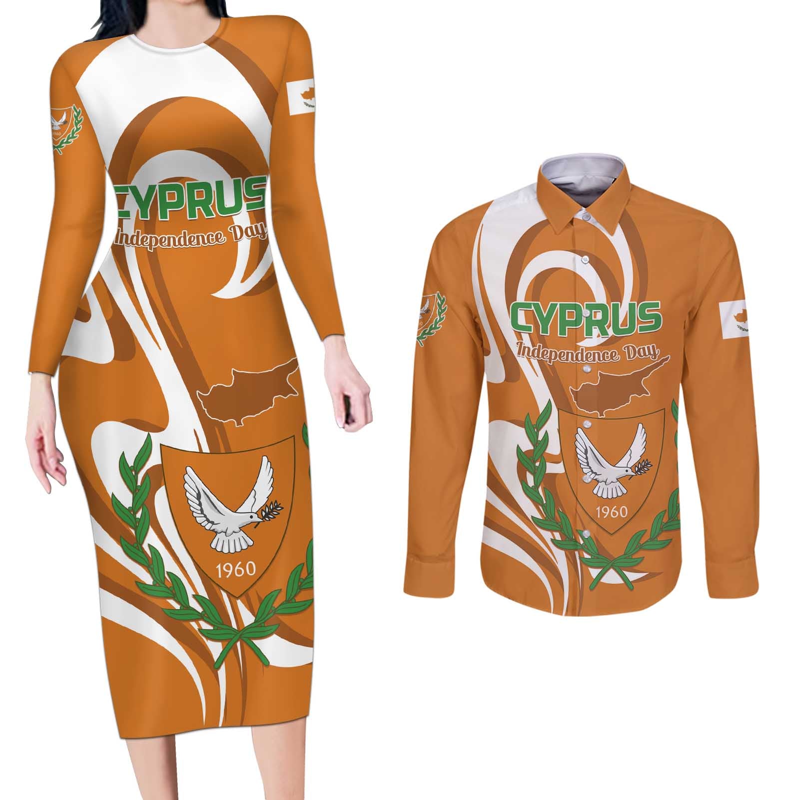 Personalized Cyprus Independence Day 1960 Couples Matching Long Sleeve Bodycon Dress and Long Sleeve Button Shirt Kbrs Cumhuriyeti Curve Style - Wonder Print Shop