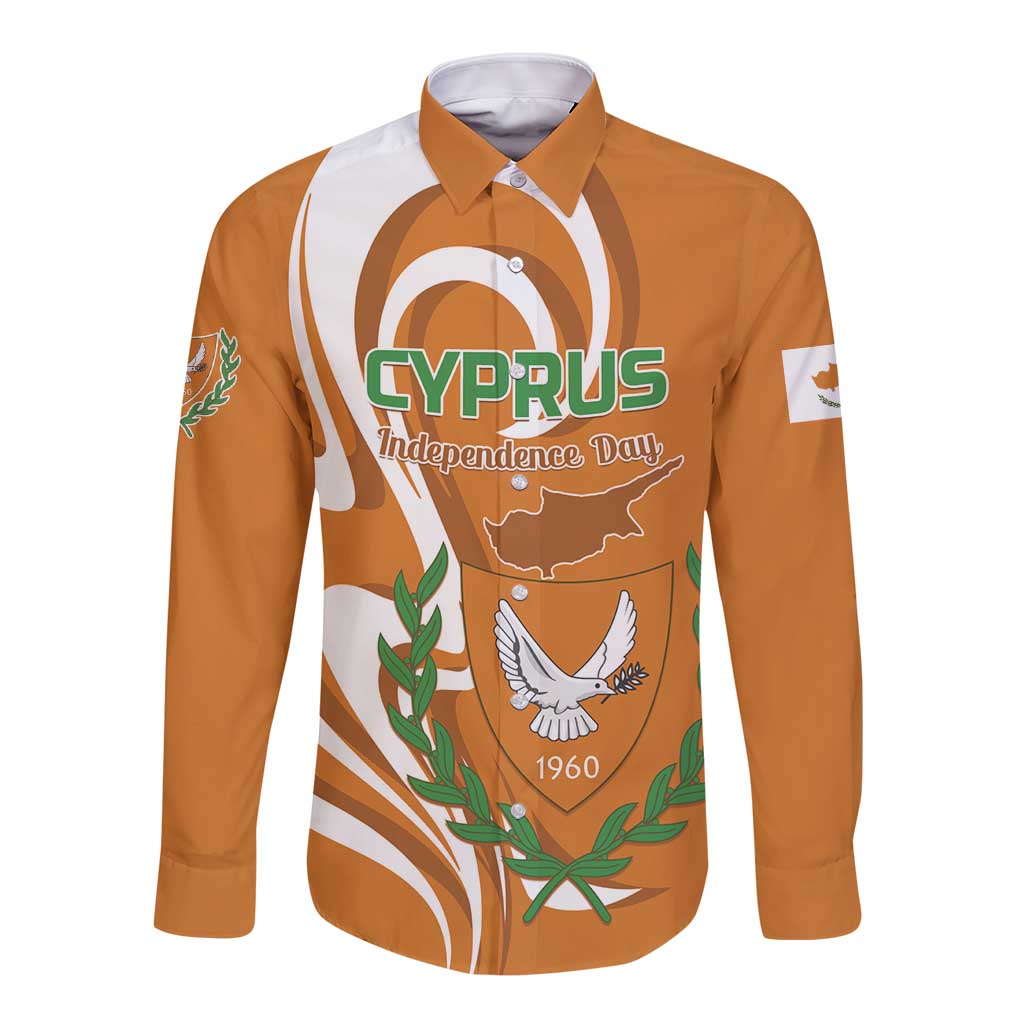 Orange long-sleeve button shirt with front Independence Day graphic, map, dove and laurel