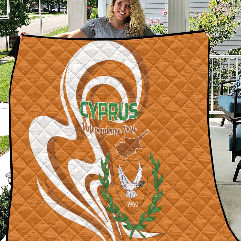 Orange quilt with white Cyprus Independence Day emblem, laurel wreath and 1960 print