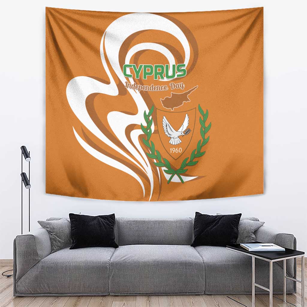 Orange Cyprus Independence Day tapestry with white outline map, dove and laurel design
