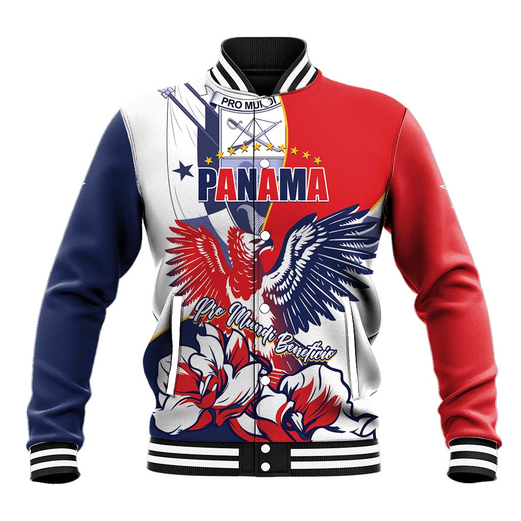 Unisex red, navy and white baseball jacket with eagle graphic and striped ribbed trim