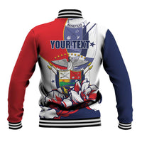 Unisex red and navy baseball jacket with white back panel and 'YOUR TEXT' graphic