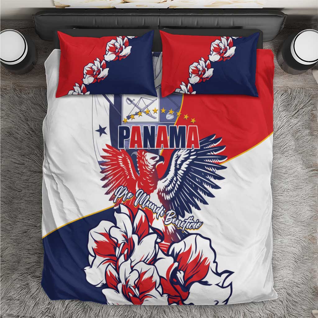 Red, white, and blue Panama eagle bedding set with floral pillowcases