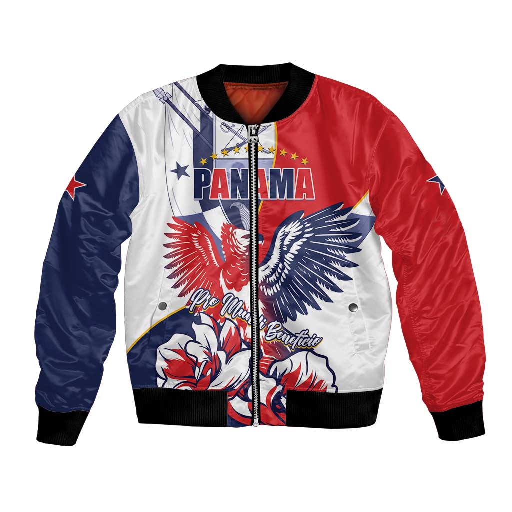 Unisex red, white and navy bomber jacket with eagle wing artwork and front zipper