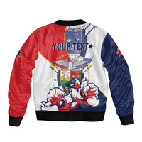 Unisex red, white and navy bomber jacket with eagle graphic and "YOUR TEXT" panel