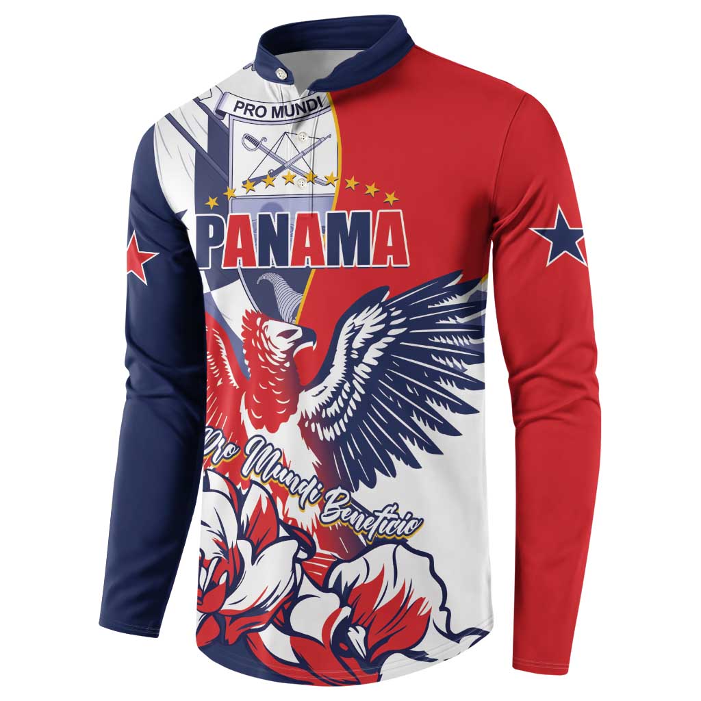 Red and navy long-sleeve sweatshirt with white front panel and harpy eagle graphic
