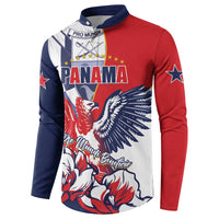 Red and navy long-sleeve sweatshirt with white front panel and harpy eagle graphic
