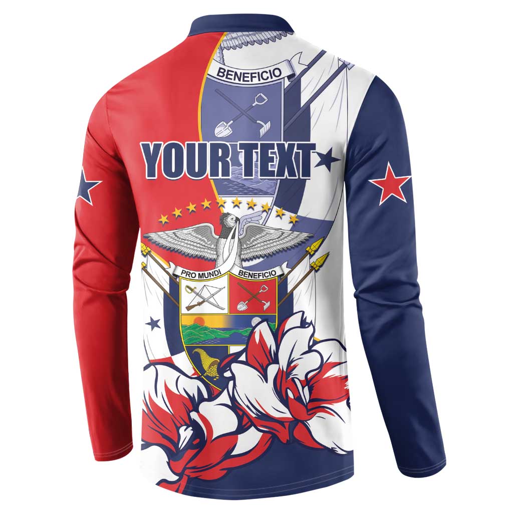 Red and navy long-sleeve sweatshirt back with white panel, eagle badge, and placeholder text
