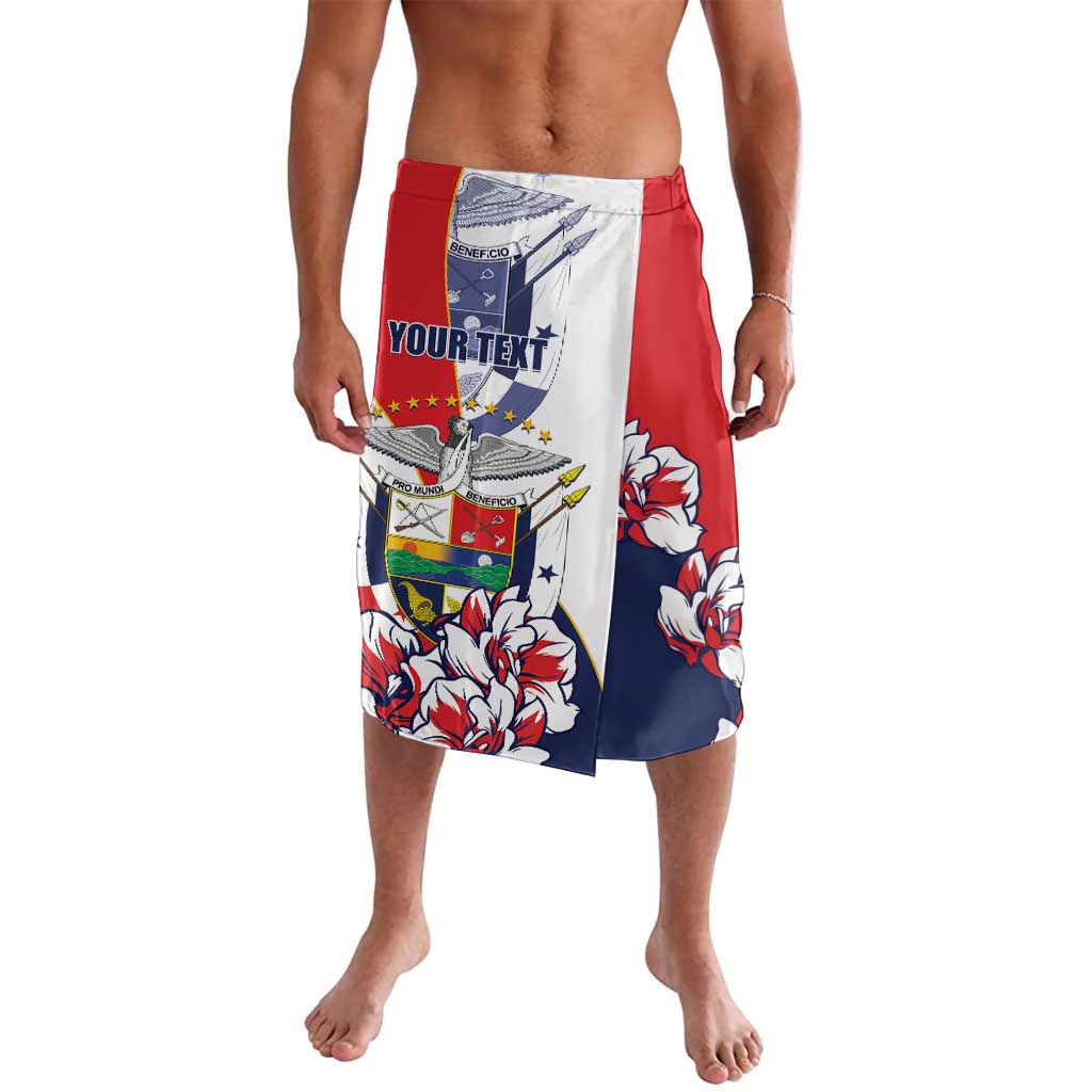 Personalized red, white, and navy swim shorts with "YOUR TEXT" front graphic