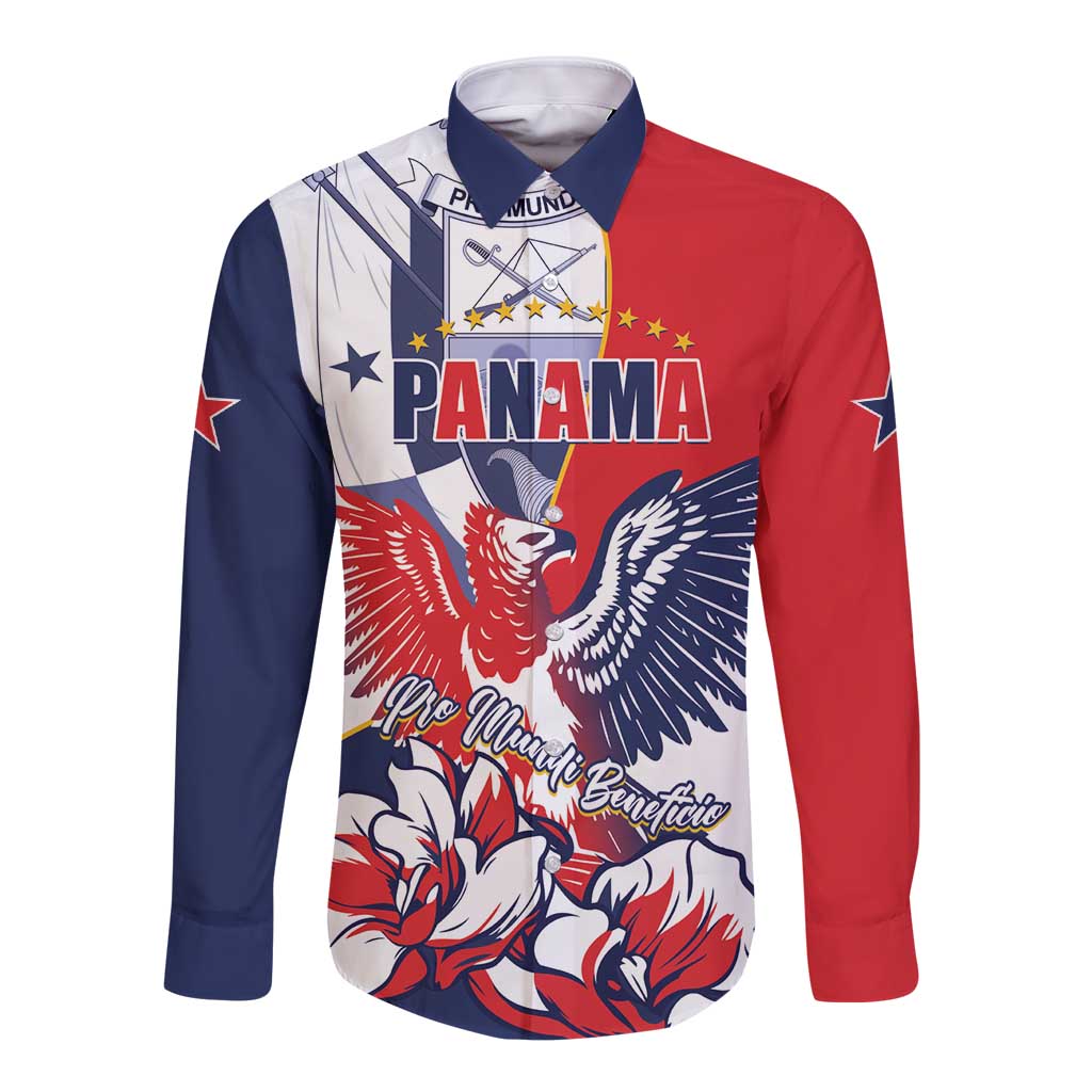 Red, white, and navy long-sleeve button shirt with eagle graphic and Panama text