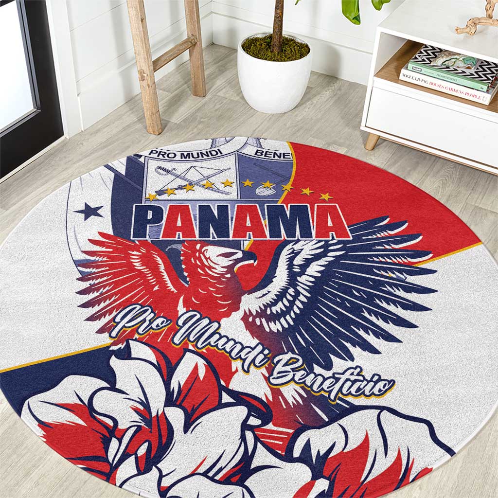 Round red, blue, and white graphic carpet, centered eagle and Panama word