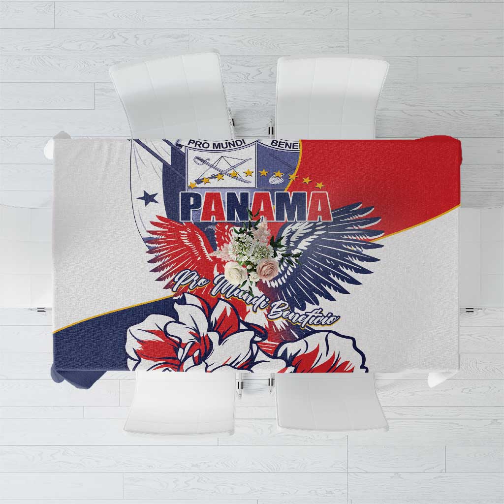 Red, blue, and white patterned tablecloth with Panama eagle and floral motif.