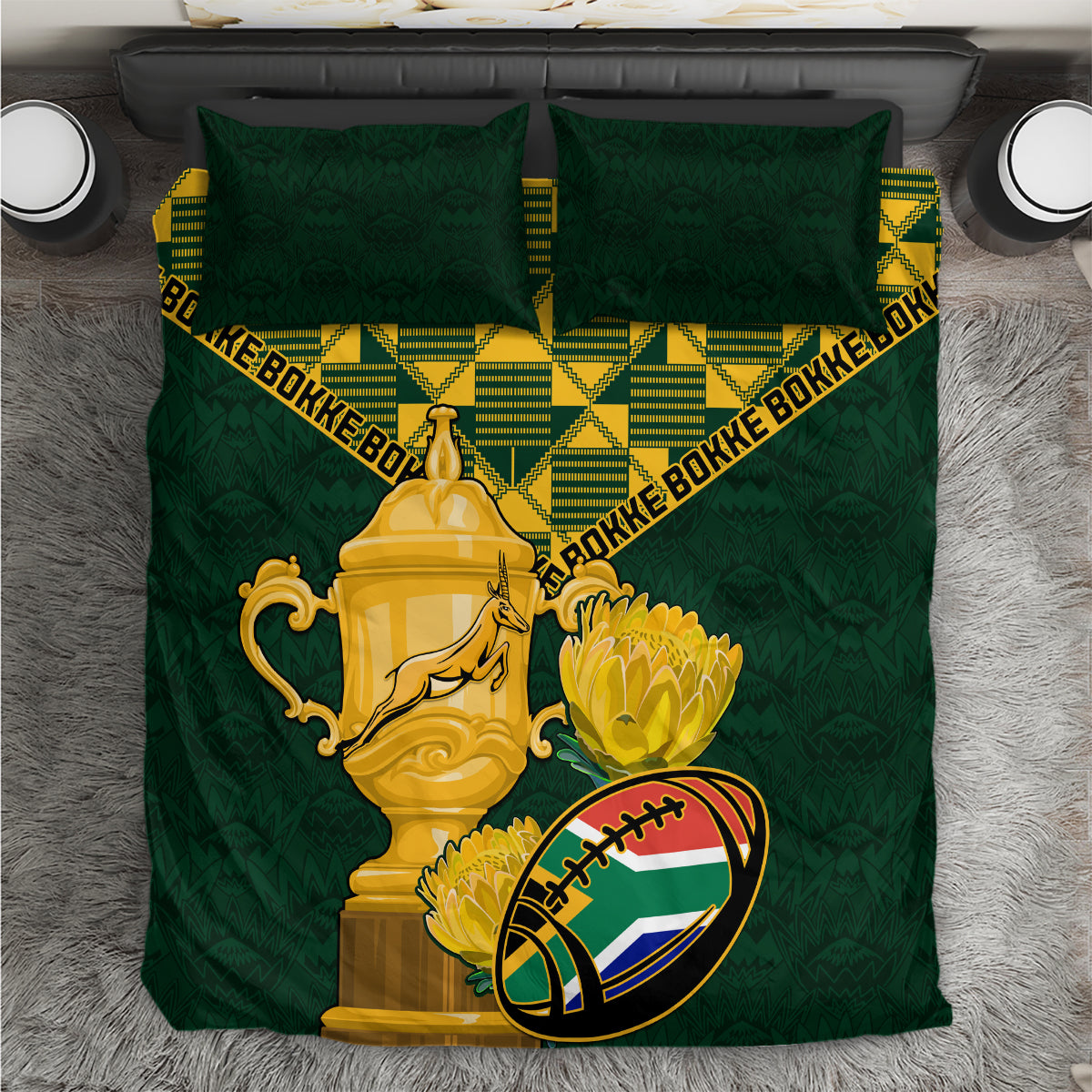 Green rugby bedding set with gold trophy, yellow check band, rugby ball graphic