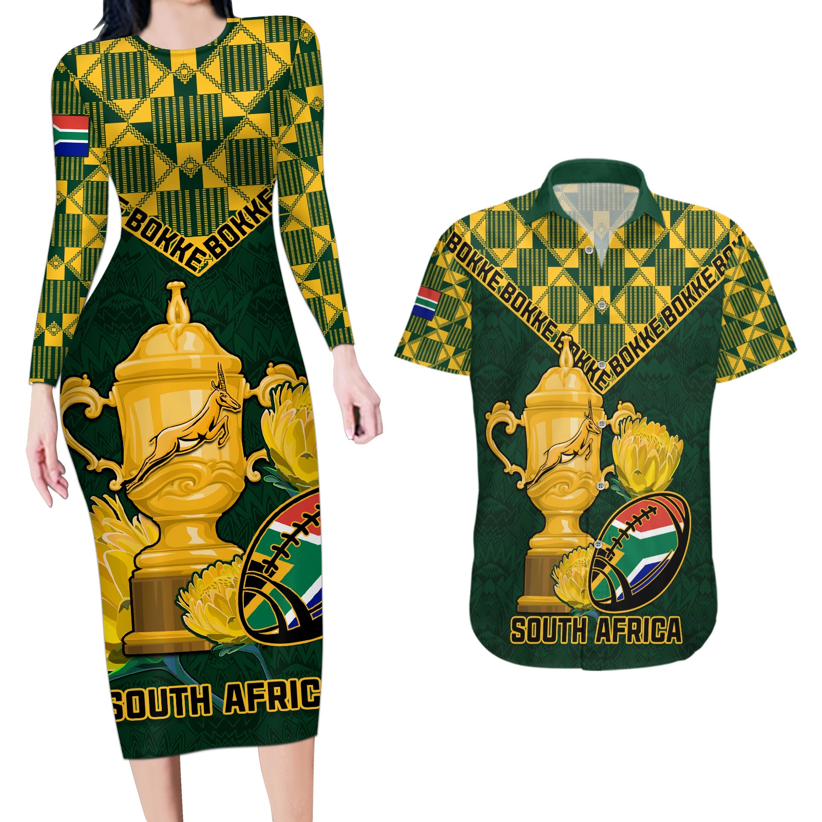 Custom South Africa Rugby Couples Matching Long Sleeve Bodycon Dress and Hawaiian Shirt Go Bokke Champion 2023 World Cup - Wonder Print Shop