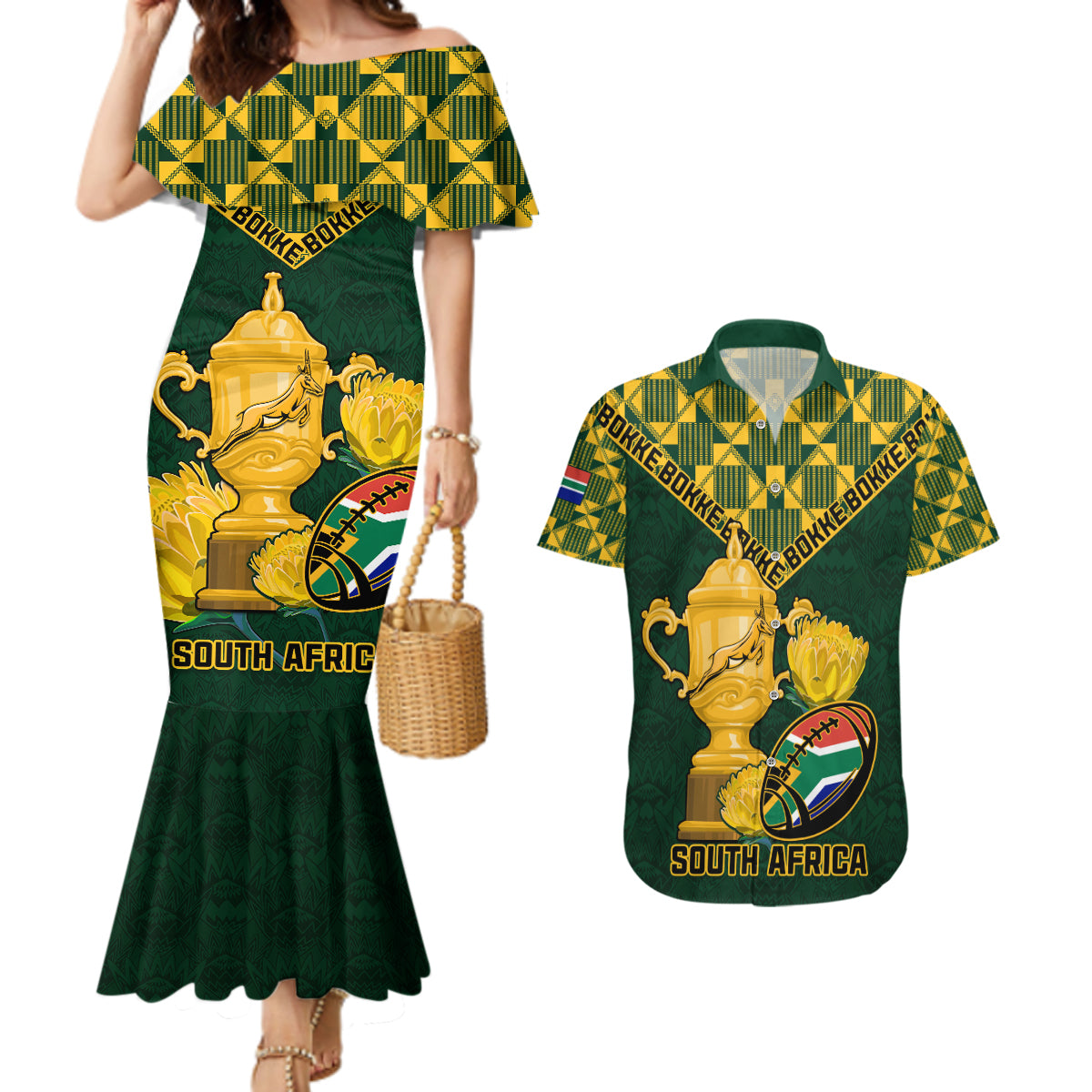 Custom South Africa Rugby Couples Matching Mermaid Dress and Hawaiian Shirt Go Bokke Champion 2023 World Cup - Wonder Print Shop