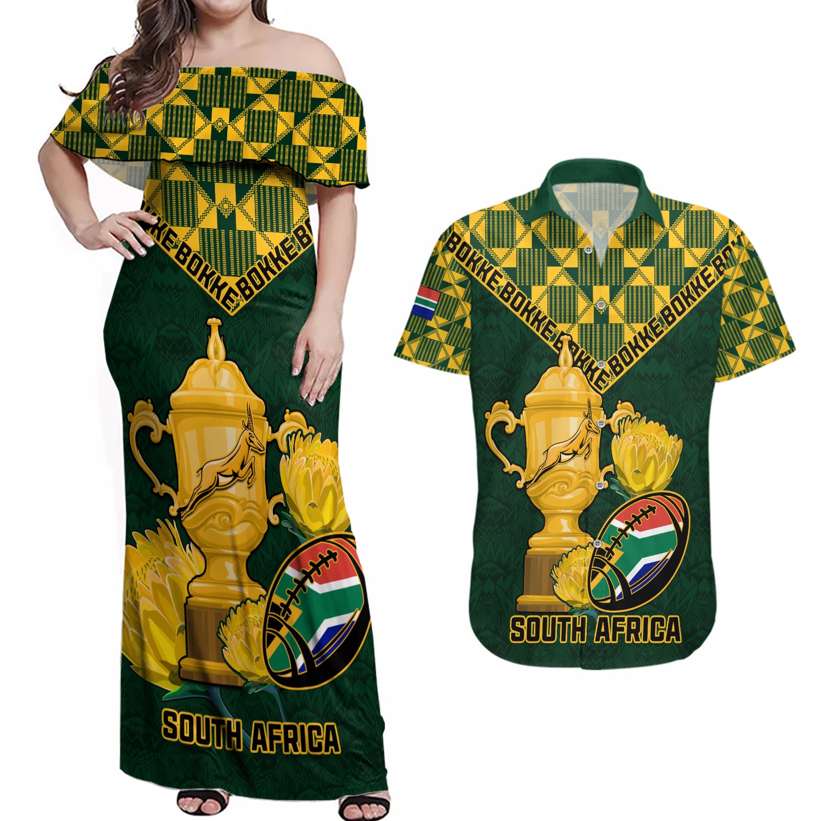 Custom South Africa Rugby Couples Matching Off Shoulder Maxi Dress and Hawaiian Shirt Go Bokke Champion 2023 World Cup - Wonder Print Shop