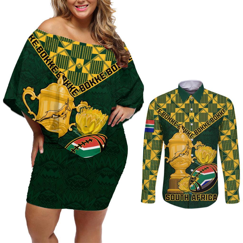 Custom South Africa Rugby Couples Matching Off Shoulder Short Dress and Long Sleeve Button Shirt Go Bokke Champion 2023 World Cup - Wonder Print Shop