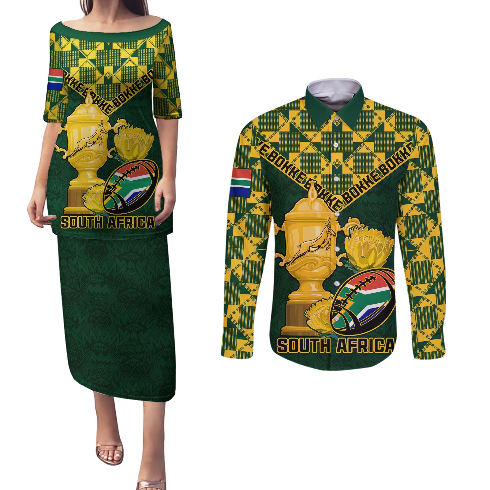 Custom South Africa Rugby Couples Matching Puletasi Dress and Long Sleeve Button Shirt Go Bokke Champion 2023 World Cup - Wonder Print Shop