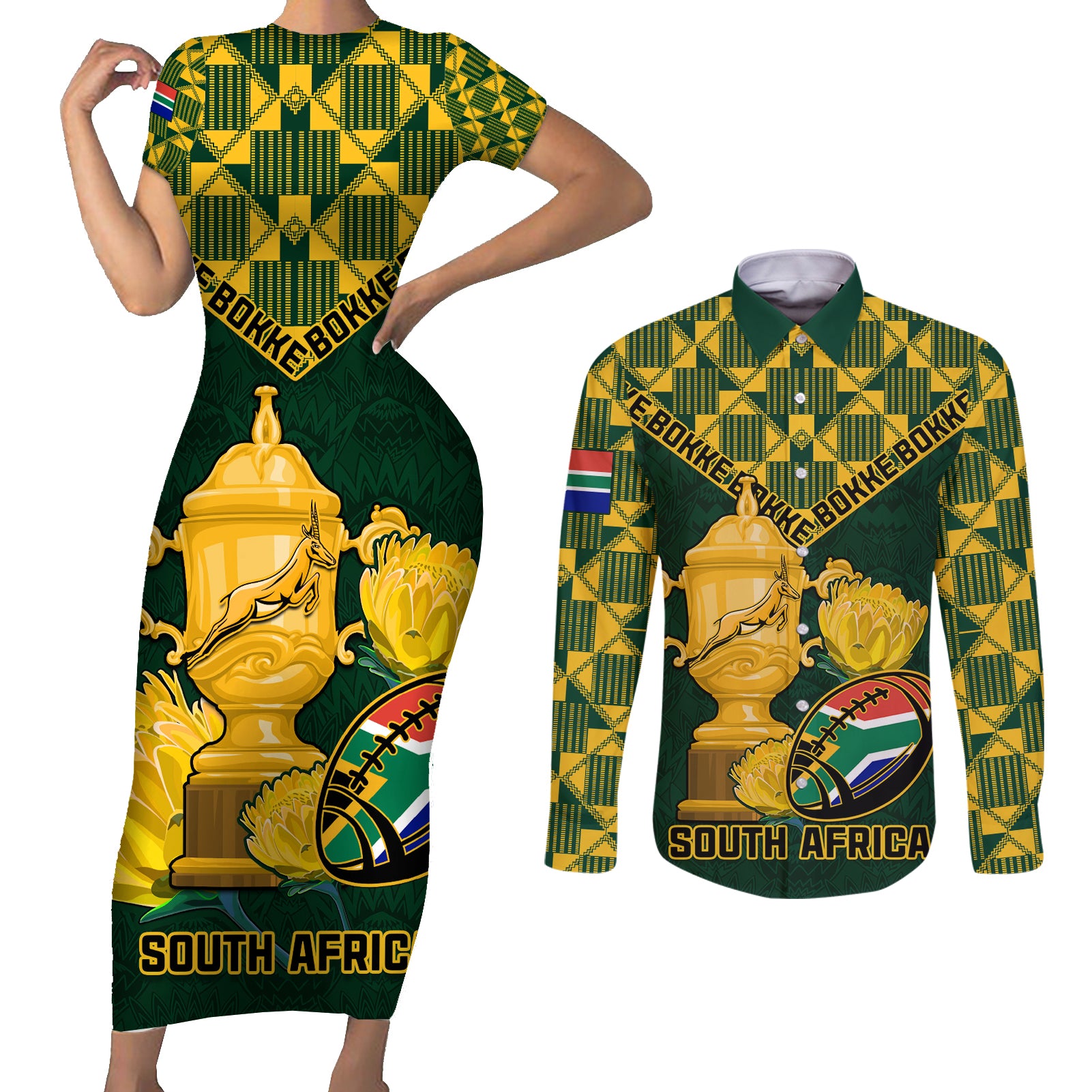 Custom South Africa Rugby Couples Matching Short Sleeve Bodycon Dress and Long Sleeve Button Shirt Go Bokke Champion 2023 World Cup - Wonder Print Shop