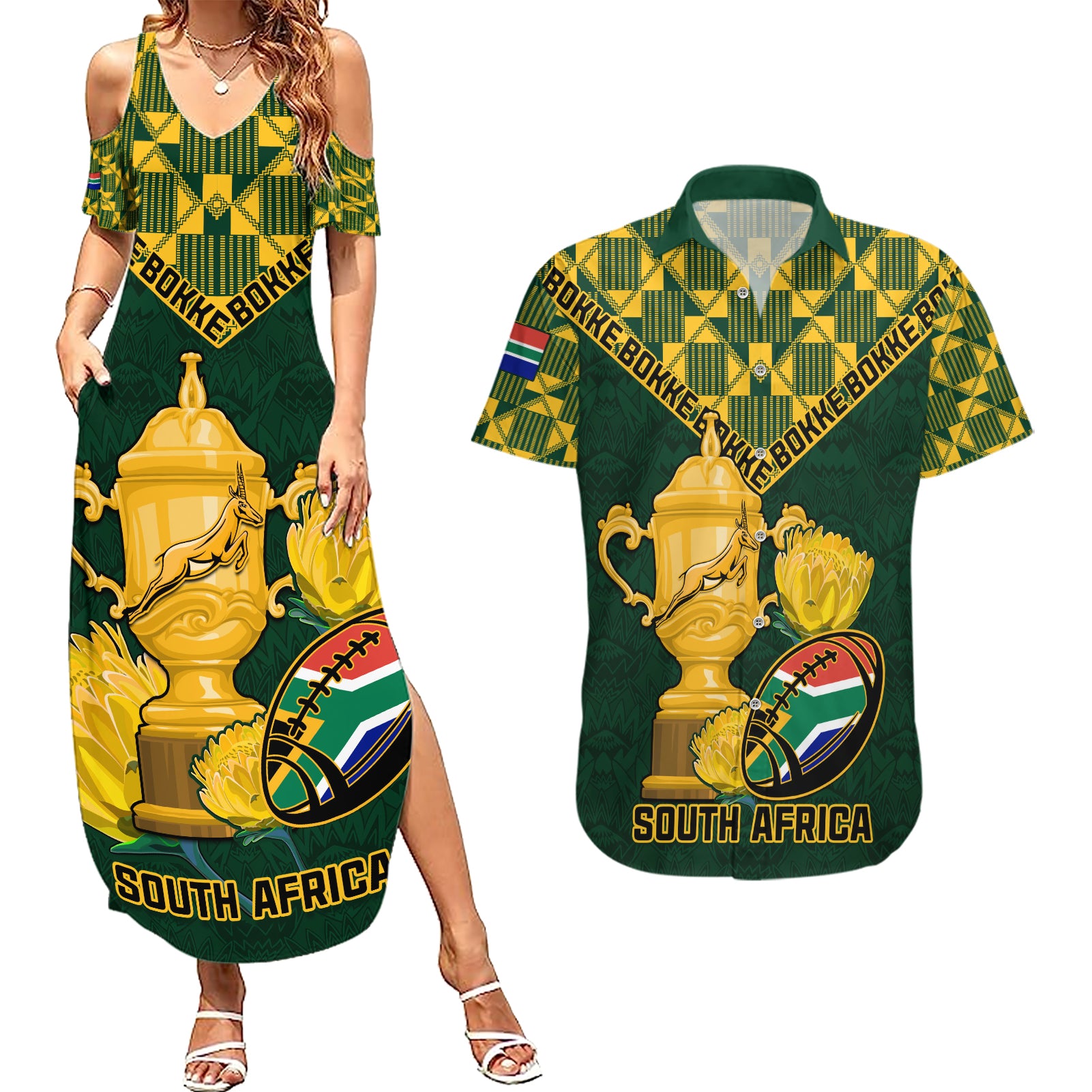 Custom South Africa Rugby Couples Matching Summer Maxi Dress and Hawaiian Shirt Go Bokke Champion 2023 World Cup - Wonder Print Shop