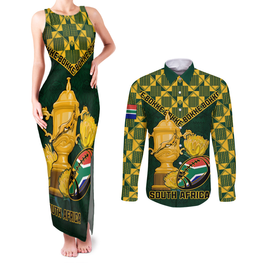 Custom South Africa Rugby Couples Matching Tank Maxi Dress and Long Sleeve Button Shirt Go Bokke Champion 2023 World Cup - Wonder Print Shop