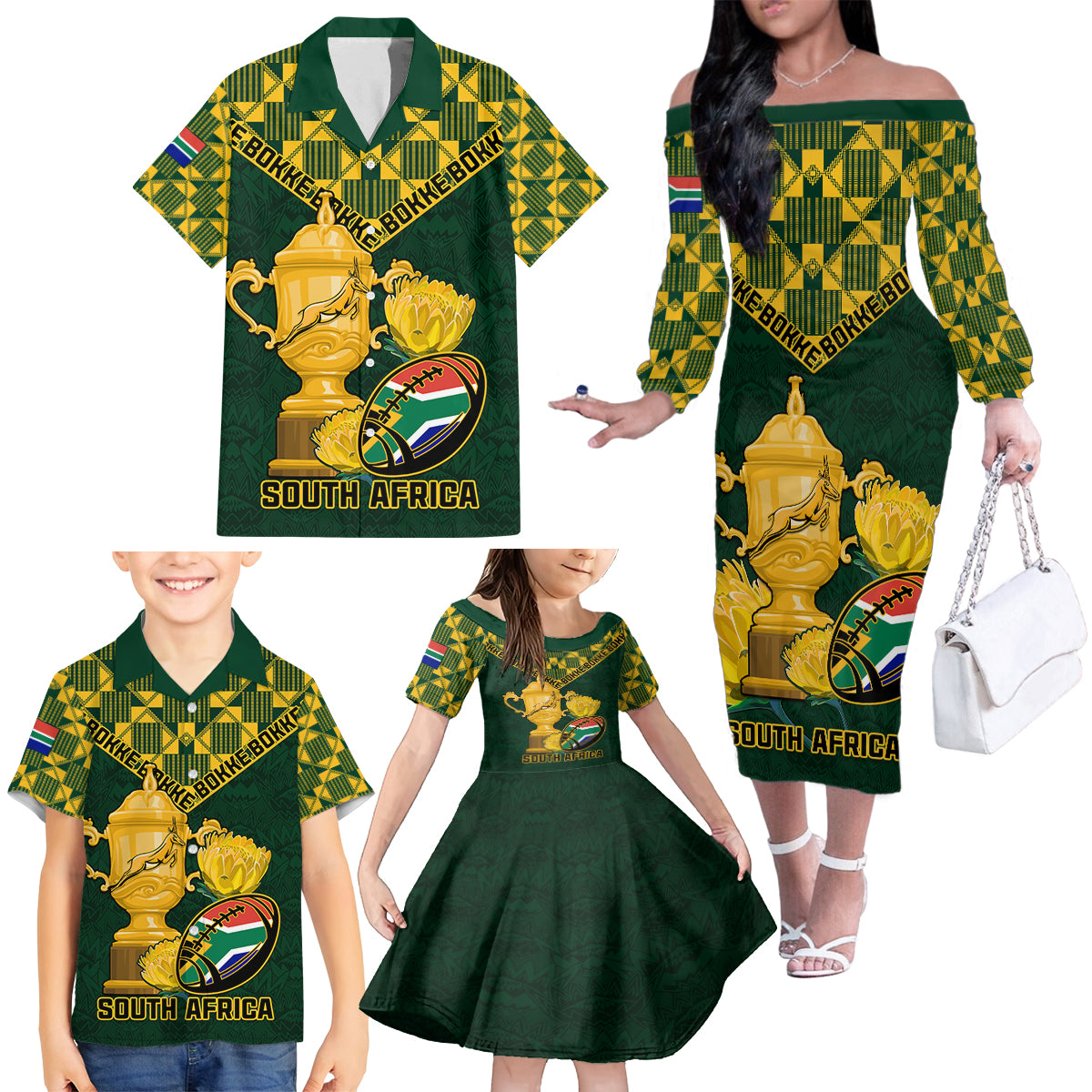 Custom South Africa Rugby Family Matching Off Shoulder Long Sleeve Dress and Hawaiian Shirt Go Bokke Champion 2023 World Cup - Wonder Print Shop