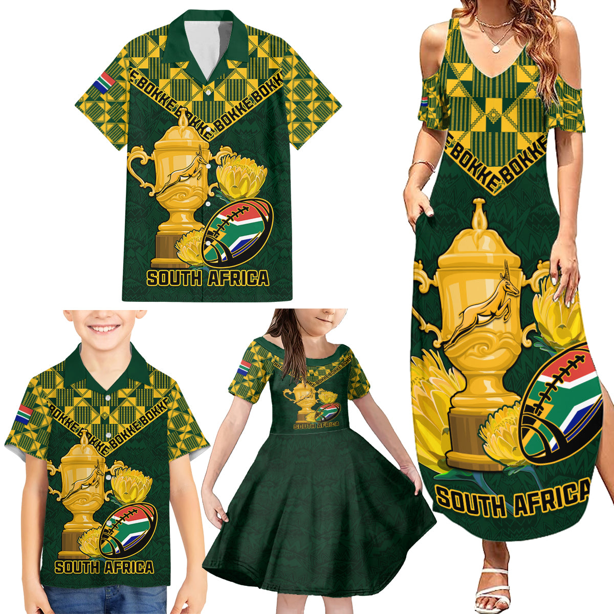 Custom South Africa Rugby Family Matching Summer Maxi Dress and Hawaiian Shirt Go Bokke Champion 2023 World Cup - Wonder Print Shop