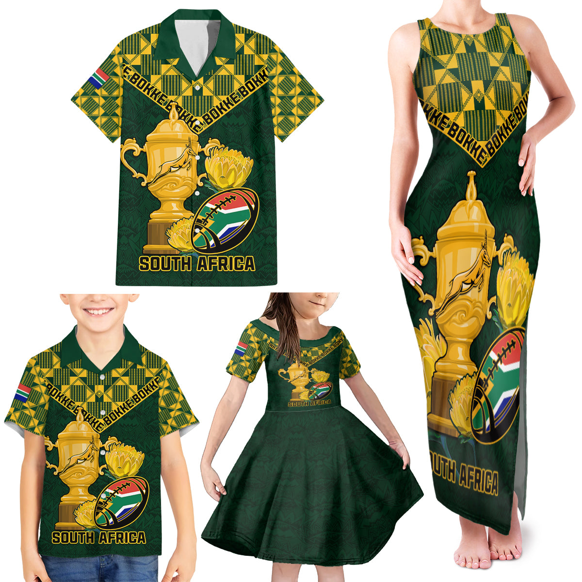 Custom South Africa Rugby Family Matching Tank Maxi Dress and Hawaiian Shirt Go Bokke Champion 2023 World Cup - Wonder Print Shop