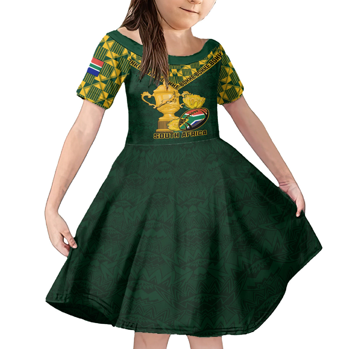 Custom South Africa Rugby Kid Short Sleeve Dress Go Bokke Champion 2023 World Cup - Wonder Print Shop