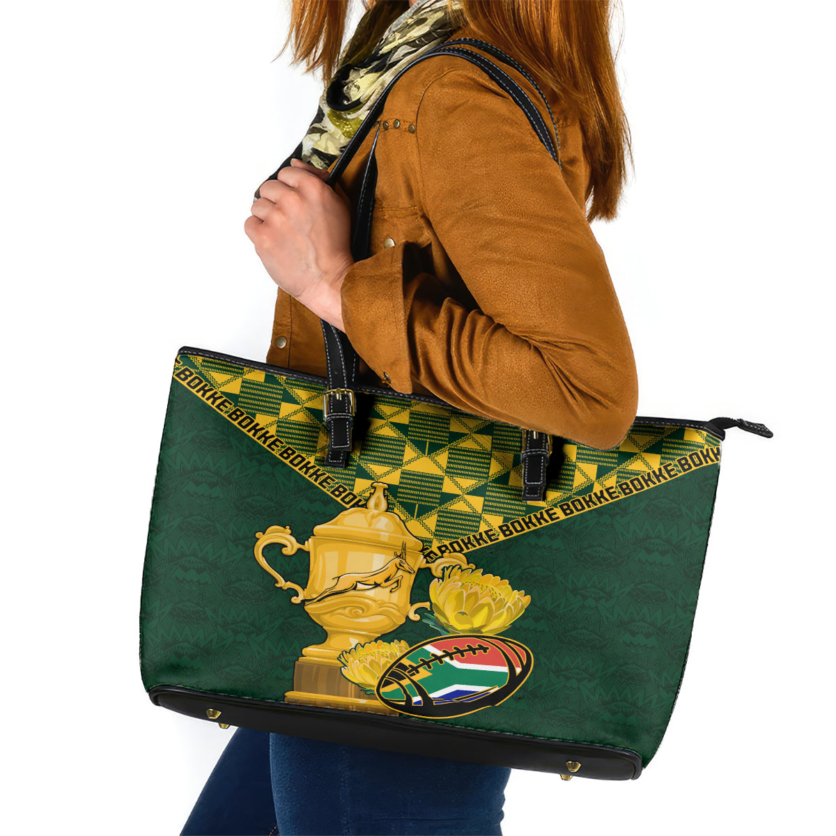 Custom South Africa Rugby Leather Tote Bag Go Bokke Champion 2023 World Cup - Wonder Print Shop